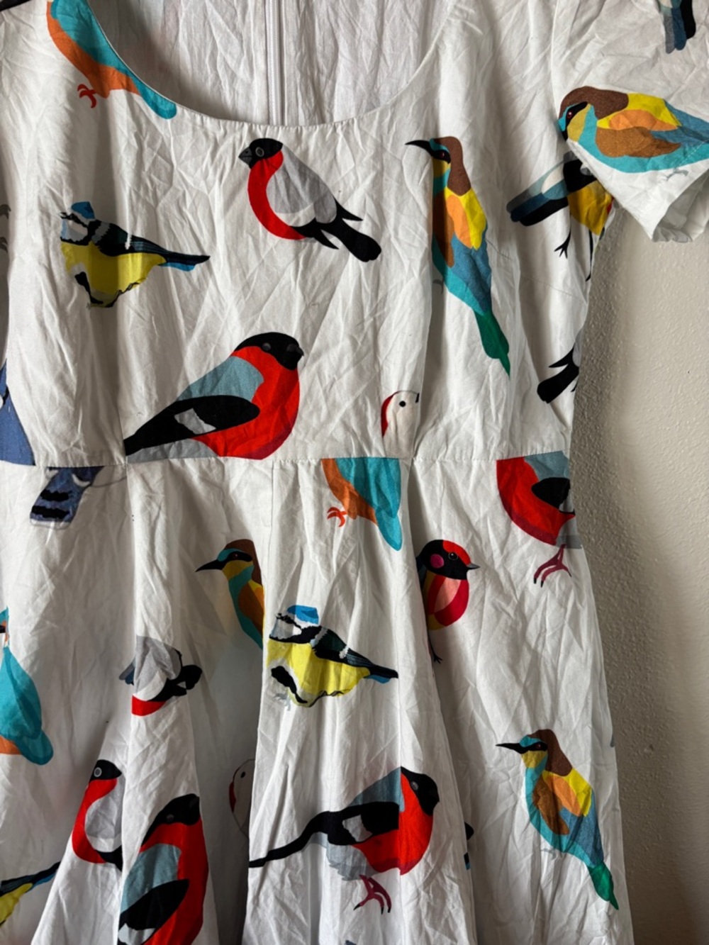 Eshakti White Retro Short Sleeve Bird Print Eclectic Dress - Picture 4 of 10